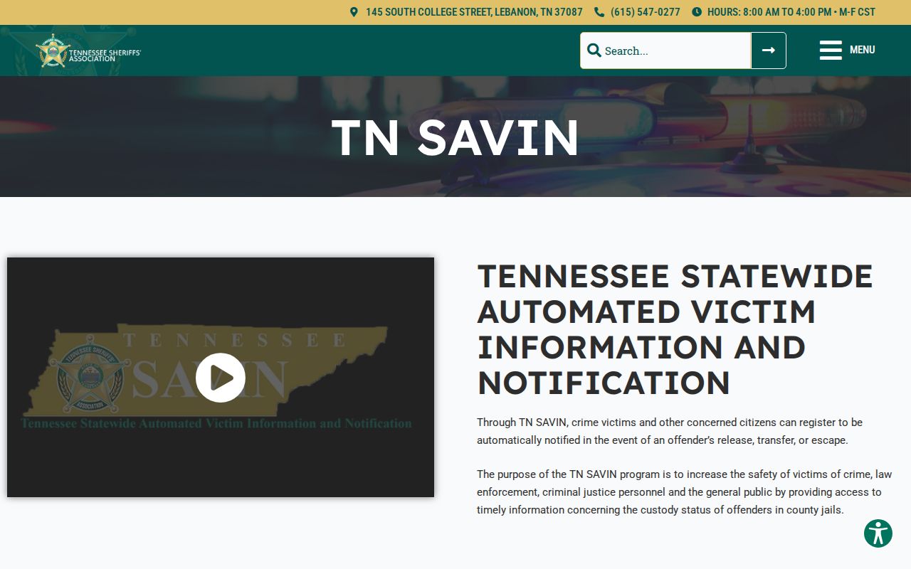 Trousdale County 24-hour release TN SAVIN notification source