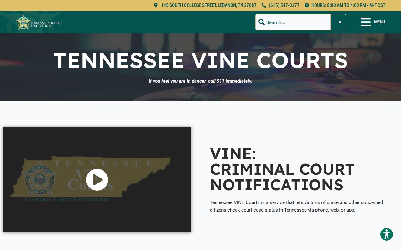 Trousdale County 72-hour release Tennessee VINE Courts notification source