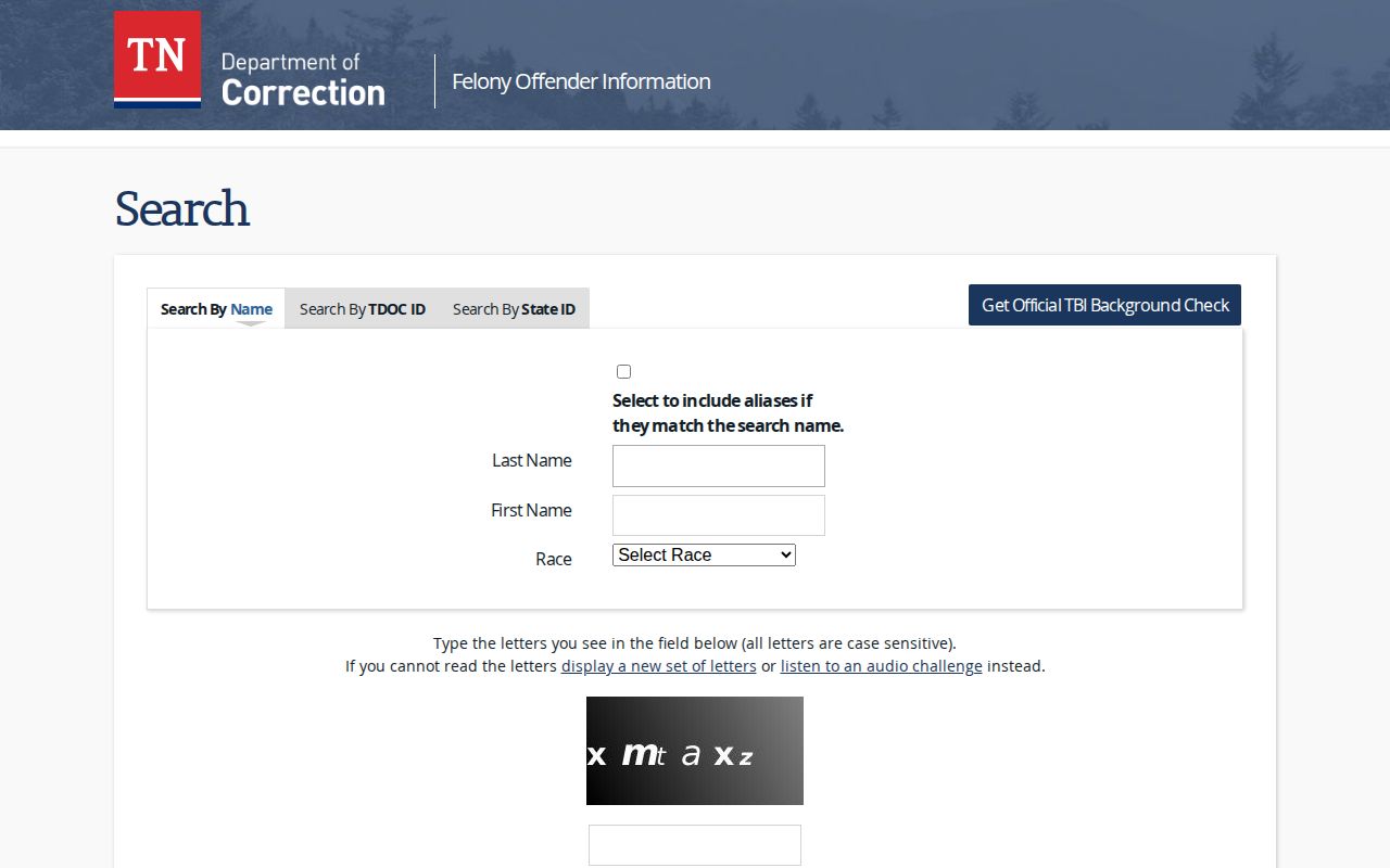 Tennessee Bureau of Investigation Drug Offender Registry search screen