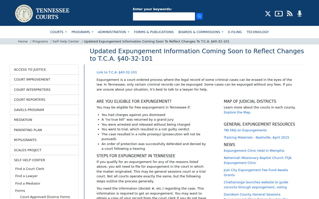 Tennessee Courts expungement information page