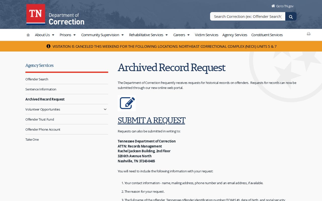 TDOC archived offender record request page